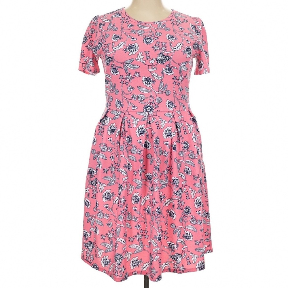 LuLaRoe Womens Amelia Dress Size 2XL Pink Floral Short Sleeve Fit and Flare NWT